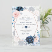 Blush Dusty en Navy Blush Roze Bloemen Huwelijk Kaart (Staand voorkant)