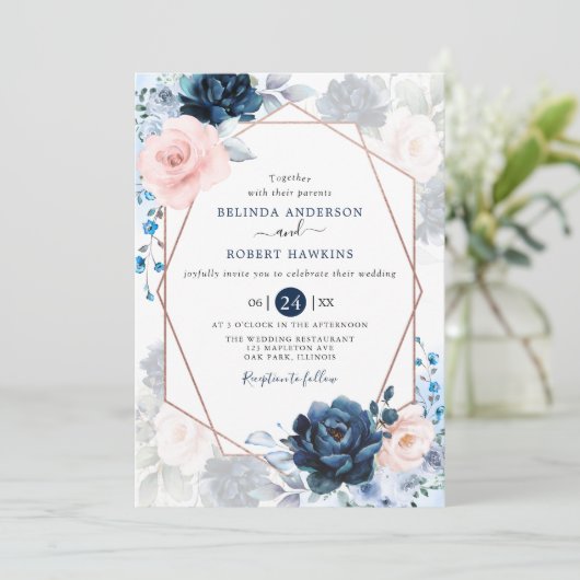 Blush Dusty en Navy Blush Roze Bloemen Huwelijk Kaart (Staand voorkant)