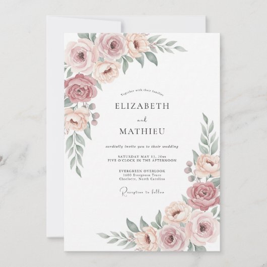 Blush Dusty Mauve Bloem Bruiloft Kaart (Voorkant)