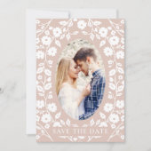 Blush Dusty Pink Foto QR Code Website Folk Floral Save The Date (Voorkant)