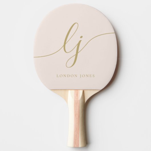 Blush Dusty Pink Modern Gold Script Monogram Naam Tafeltennisbatje (Voorkant)