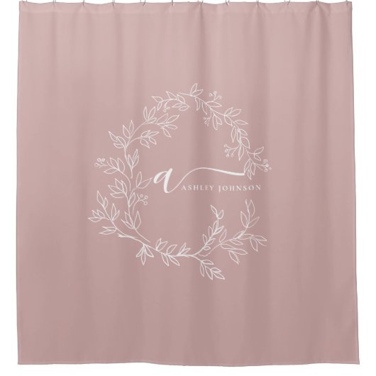 Blush Dusty Pink Modern Script Girly Monogram Naam Douchegordijn (Voorkant)