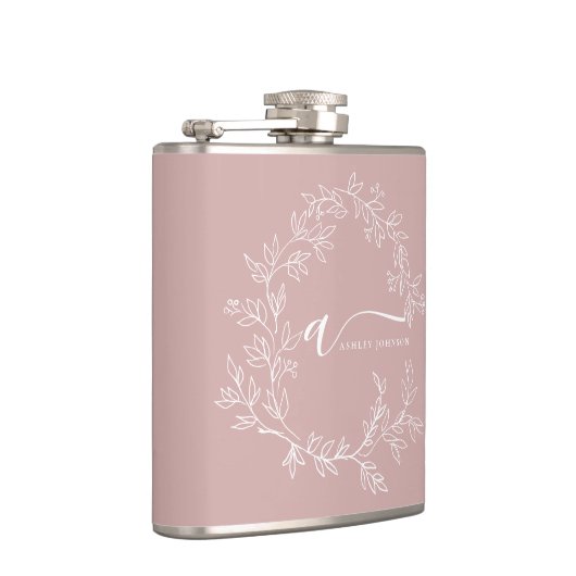 Blush Dusty Pink Modern Script Girly Monogram Naam Heupfles (Rechts)