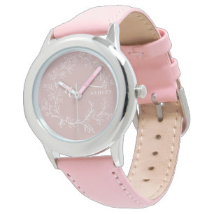 Blush Dusty Pink Modern Script Girly Monogram Naam Horloge