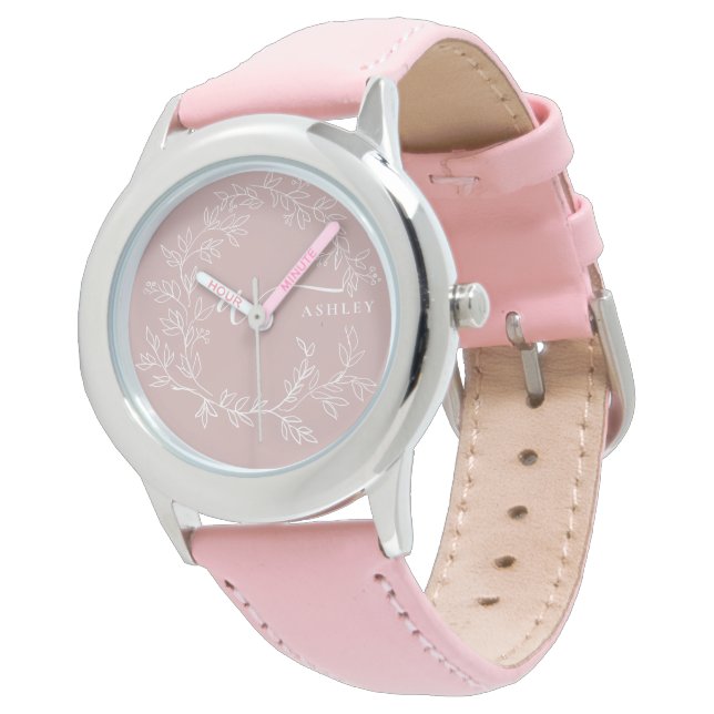 Blush Dusty Pink Modern Script Girly Monogram Naam Horloge (Gekanteld)