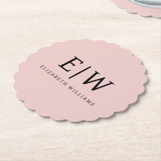 Blush Dusty Pink Modern Script Girly Monogram Naam Kartonnen Onderzetters (Gekanteld)