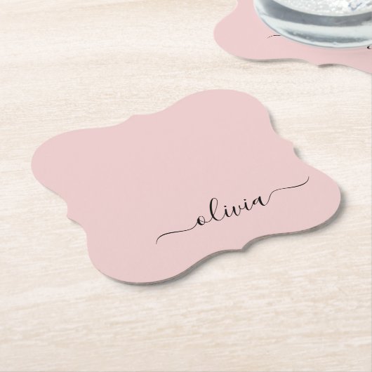 Blush Dusty Pink Modern Script Girly Monogram Naam Kartonnen Onderzetters (Gekanteld)