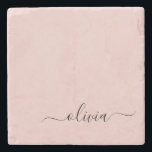 Blush Dusty Pink Modern Script Girly Monogram Naam Stenen Onderzetter<br><div class="desc">Blush Dusty Pink Simple Script Monogram Name Stone Tile. Dit maakt het perfecte afstuderen,  zoete 16 verjaardag,  bruiloft,  vrijgezellenfeest,  verjaardagsdag,  baby shower of vrijgezellenfeest voor iemand die van luxe en chic stijlen houdt.</div>