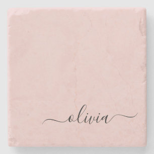 Blush Dusty Pink Modern Script Girly Monogram Naam Stenen Onderzetter