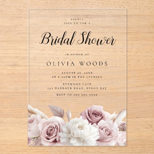 Blush & Dusty Pink Roses Vrijgezellenfeest Acryl Uitnodigingen (Voorkant)