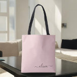 Blush Dusty Pink White Girly Script Monogram Tote Bag<br><div class="desc">Blush Dusty Pink Elegant Voeg je eigen naam Monogram Book Bag toe. Deze Book Bag kan worden aangepast om uw initiaal en voornaam op te nemen en wordt gegeven als cadeau voor Kerstmis,  Sweet 16 Birthday,  Vrijgezellenfeest of een bruiloft.</div>