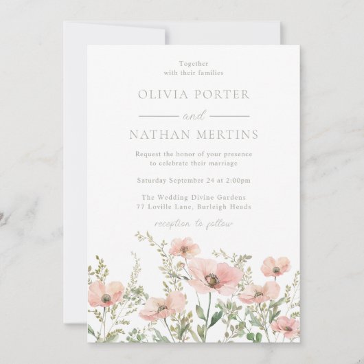 Blush & Dusty Pink Wildflowers Waterverf bruiloft Kaart (Voorkant)