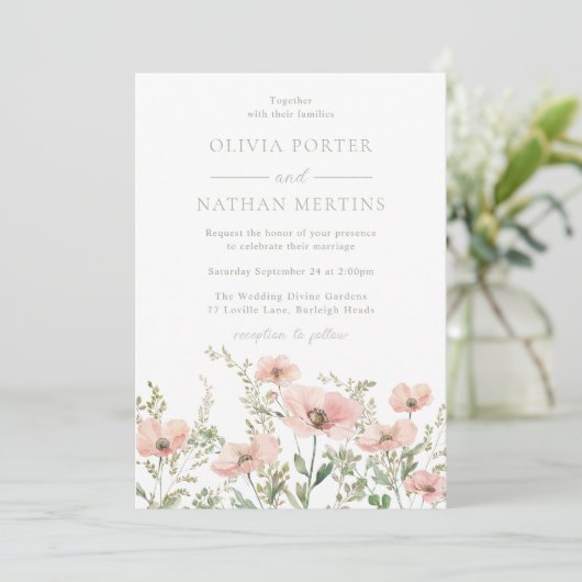 Blush & Dusty Pink Wildflowers Waterverf bruiloft Kaart (Staand voorkant)