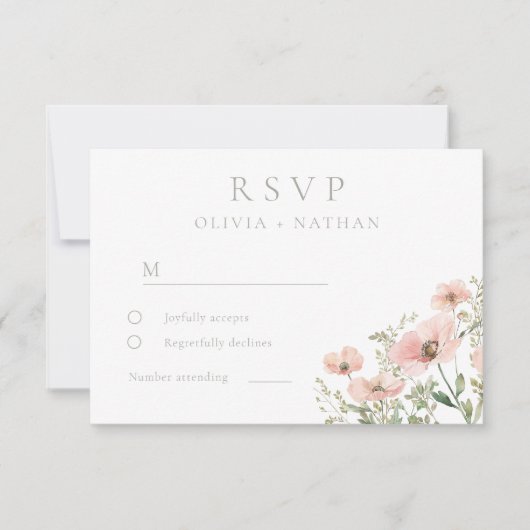 Blush & Dusty Pink Wildflowers Waterverf bruiloft RSVP Kaartje (Voorkant)