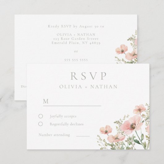 Blush & Dusty Pink Wildflowers Waterverf bruiloft RSVP Kaartje (Voorkant / Achterkant)