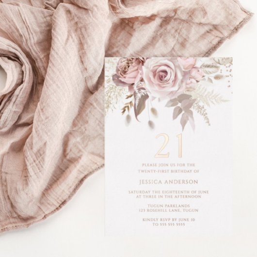 Blush & Dusty Roos 21st Birthday Roos Gold Folie Uitnodiging