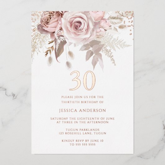 Blush & Dusty Roos 30th Birthday Party Roos Gold Folie Uitnodiging (Voorkant)