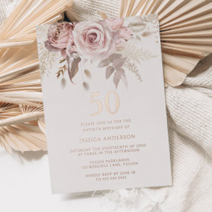 Blush & Dusty Roos 50th Birthday Party Roos Gold Folie Uitnodiging