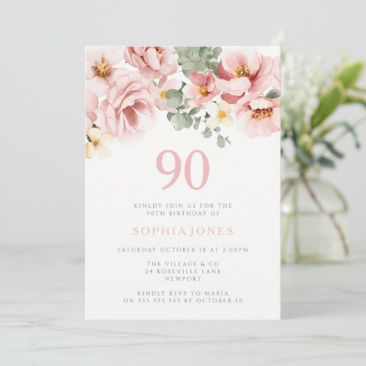 Blush Dusty Roos Bloemen 90h Verjaardagsfeest Kaart (Staand voorkant)