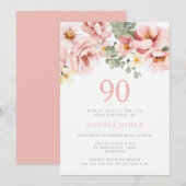 Blush Dusty Roos Bloemen 90h Verjaardagsfeest Kaart (Voorkant / Achterkant)