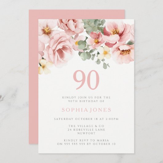 Blush Dusty Roos Bloemen 90h Verjaardagsfeest Kaart (Voorkant / Achterkant)