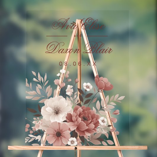 Blush & Dusty Roos Bloemen Bruiloft Acryl Bord (Neutraal)