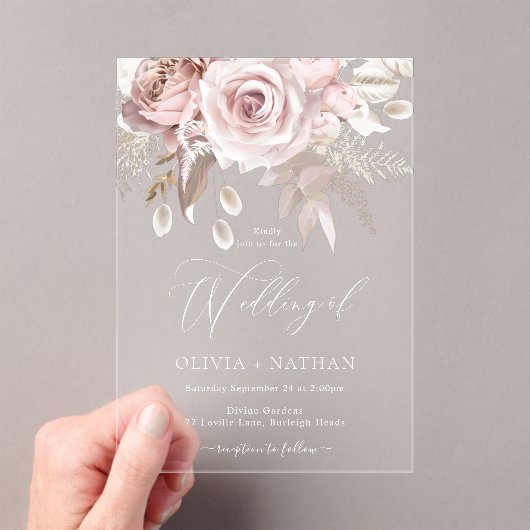 Blush Dusty Roos Boho Trending Alle Seizoenen Trou Acryl Uitnodigingen (Insitu (Draagbaar))