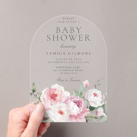 Blush Dusty Roos Botanical Floral Baby shower Acryl Uitnodigingen (Insitu (Draagbaar))
