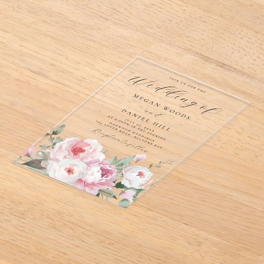 Blush Dusty Roos Botanische Bloemen Huwelijk Acryl Uitnodigingen (Laagn)