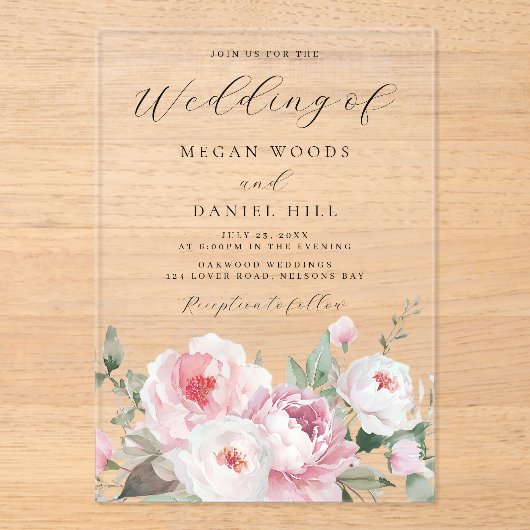 Blush Dusty Roos Botanische Bloemen Huwelijk Acryl Uitnodigingen (Voorkant)
