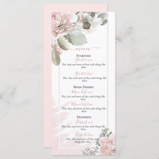 Blush dusty roos floral elegant boho bruiloft menu (Voorkant / Achterkant)