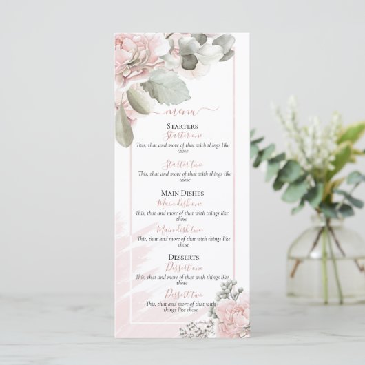 Blush dusty roos floral elegant boho bruiloft menu (Staand voorkant)