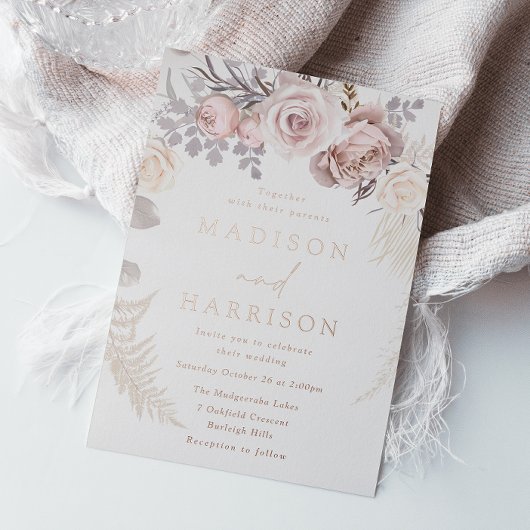 Blush & Dusty Roos Gold Floral Wreath Wedding Folie Uitnodiging