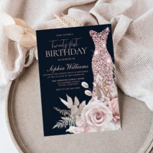 Blush Dusty Roos Gold Gown 21st Birthday Party Kaart