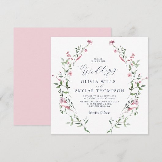 Blush Dusty Roos Wild Flowers Tuin Boho Bruiloft Kaart (Voorkant / Achterkant)