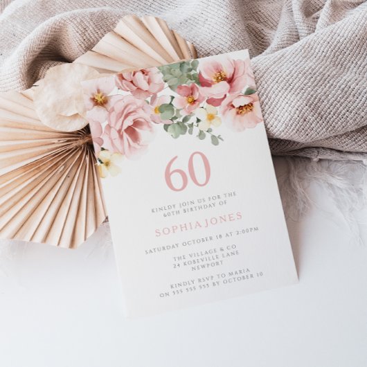 Blush Dusty Rose Bloemende 60e Verjaardagsfeest Kaart
