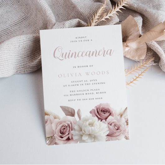 Blush & Dusty Rose Botanische Bloemige Quinceanera Kaart