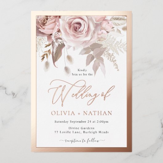 Blush Dusty Rose Elegance Rose Gold Border Wedding Folie Uitnodiging (Voorkant)
