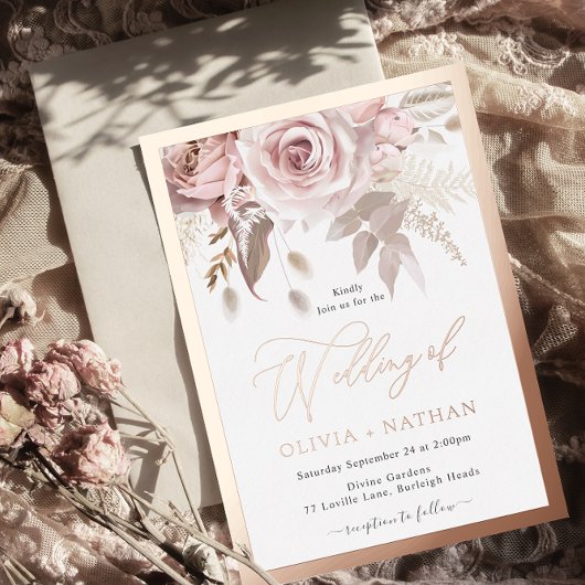 Blush Dusty Rose Elegance Rose Gold Border Wedding Folie Uitnodiging