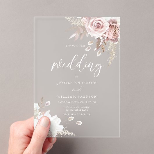 Blush & Dusty Rose Floral Wedding Frosted Acryl Uitnodigingen (Insitu (Draagbaar))