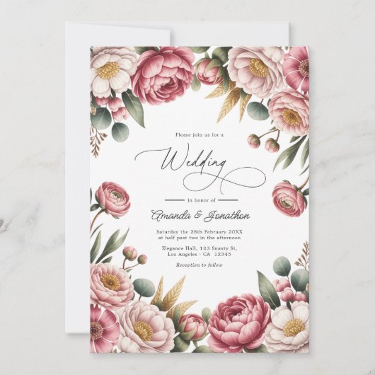 Blush, Dusty Rose & Gold Floral Wedding QR Code Kaart (Voorkant)