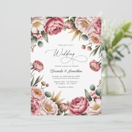 Blush, Dusty Rose & Gold Floral Wedding QR Code Kaart (Staand voorkant)