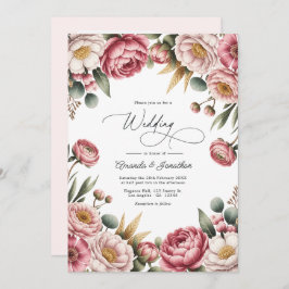 Blush, Dusty Rose & Gold Floral Wedding QR Code Kaart