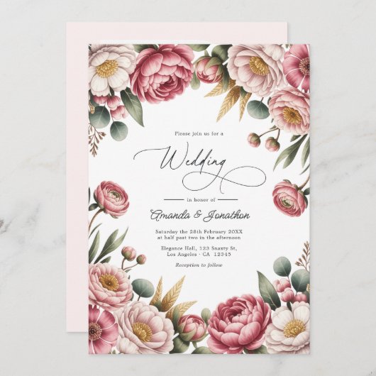 Blush, Dusty Rose & Gold Floral Wedding QR Code Kaart (Voorkant / Achterkant)