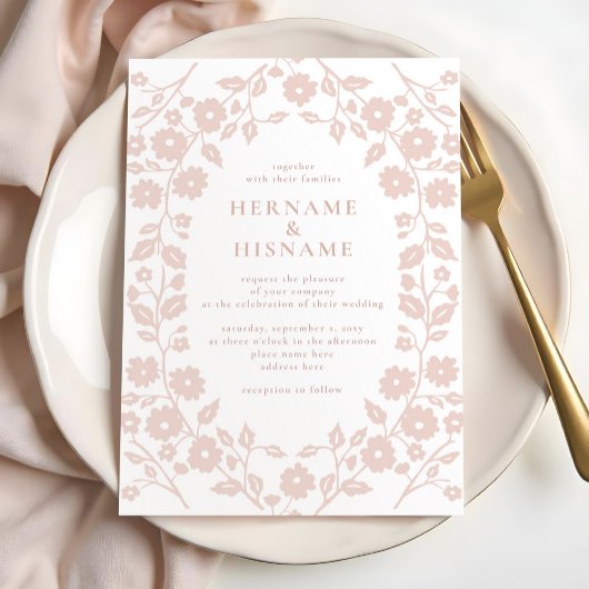 Blush Dusty Roze Eenvoudige Moderne Folk Bloemen H Kaart