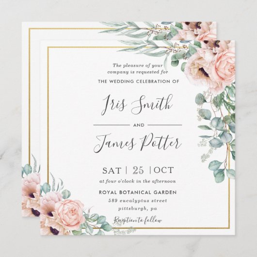 Blush Dusty Roze Poppy Bloemen Groen Bruiloft Kaart (Voorkant / Achterkant)