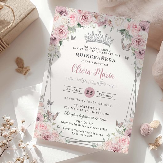 Blush Dusty Roze Witte Bloemen Zilver Quinceañera Kaart
