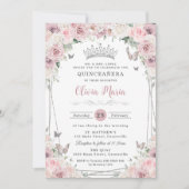 Blush Dusty Roze Witte Bloemen Zilver Quinceañera Kaart (Voorkant)