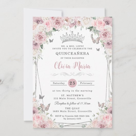 Blush Dusty Roze Witte Bloemen Zilver Quinceañera Kaart (Voorkant)