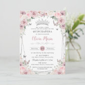 Blush Dusty Roze Witte Bloemen Zilver Quinceañera Kaart (Staand voorkant)